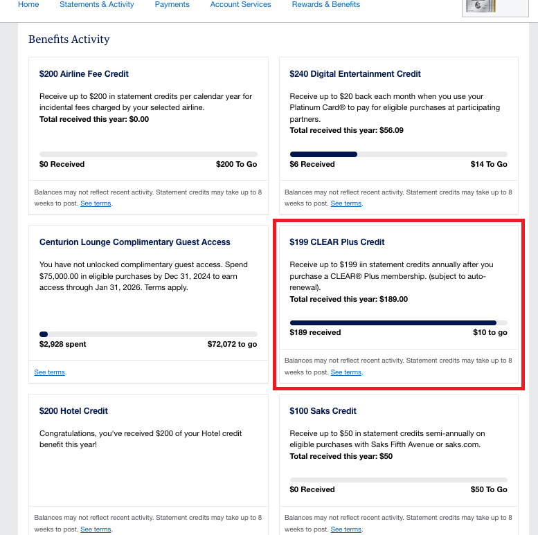Amex Platinum Card benefits tracker CLEAR Plus