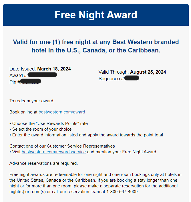Best Western Free Night Award