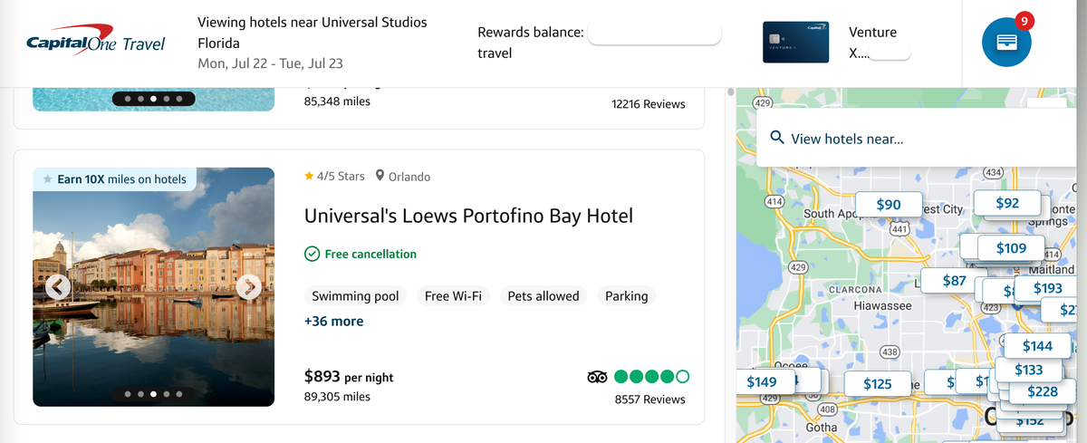 A screenshot of Capital One Travel showing a Universal Studios hotel available to book.