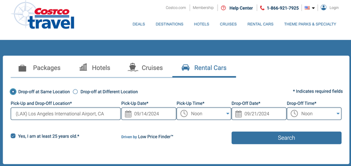 Costco Rental Car Webpage