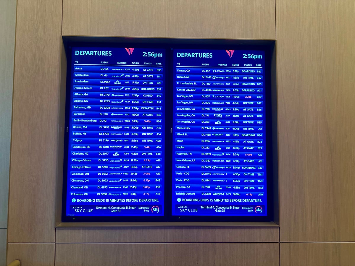 Delta One JFK Lounge Departures Board