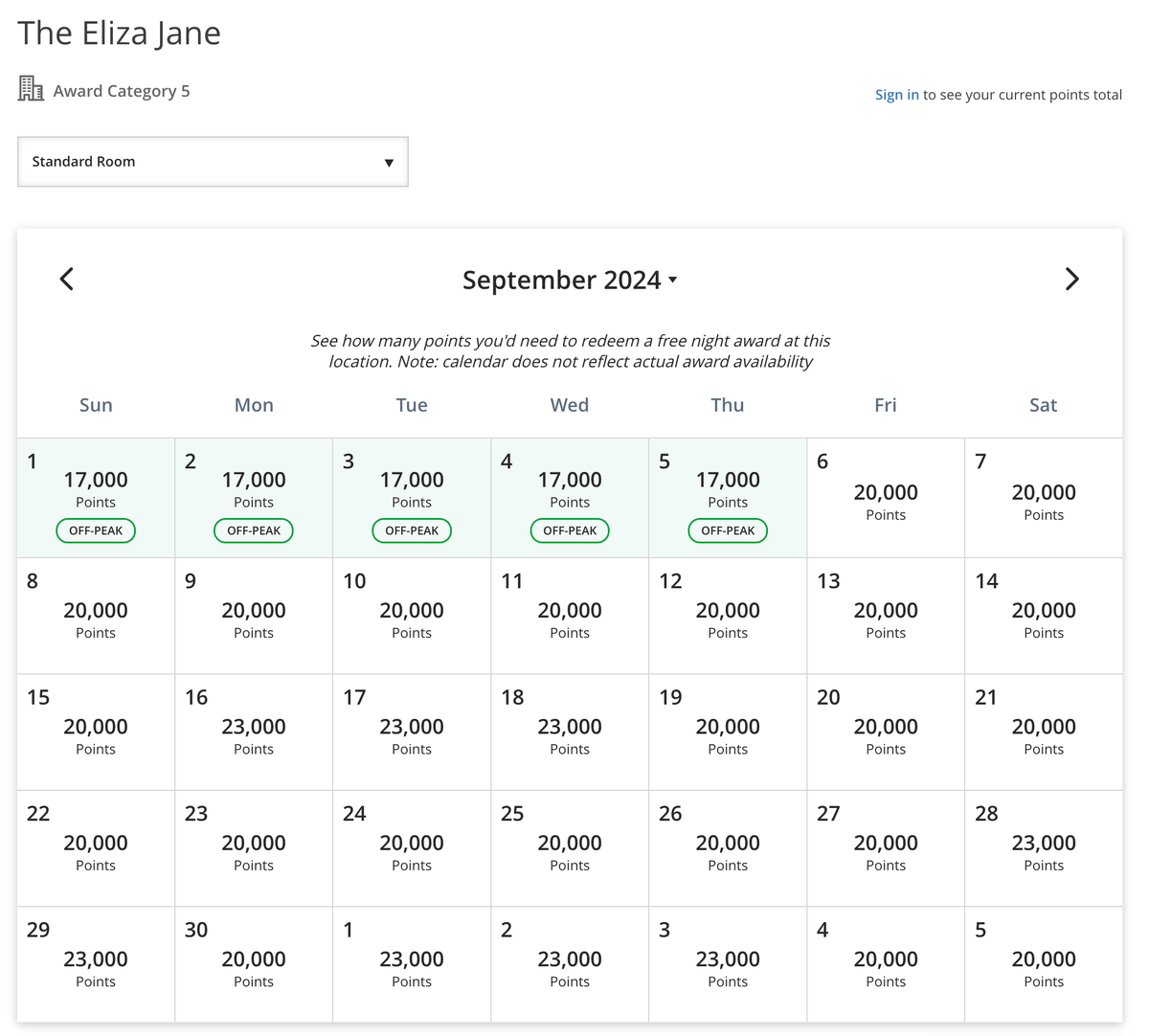 Eliza Jane Points Rates