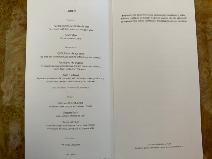 Emirates MIA BOG Lunch Menu Emirates MIA BOG Lunch Menu