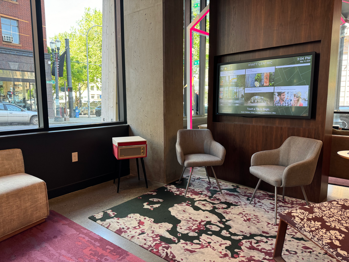 Hyatt Centric Downtown Portland lobby seats with TV