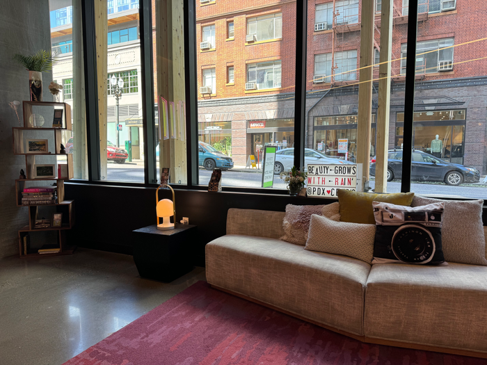 Hyatt Centric Downtown Portland lobby sofa near window Hyatt Centric Downtown Portland lobby sofa near window