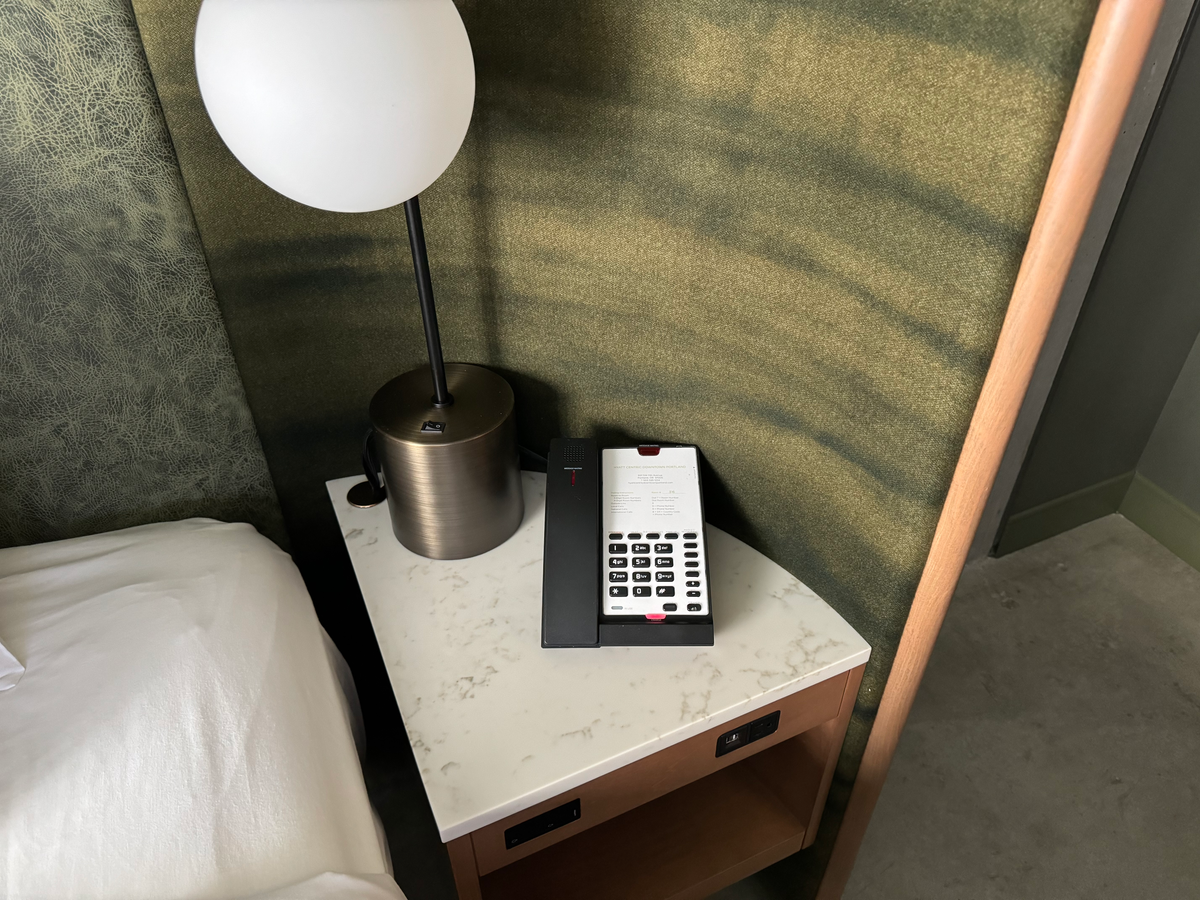 Hyatt Centric Downtown Portland room lamp and phone on nightstand