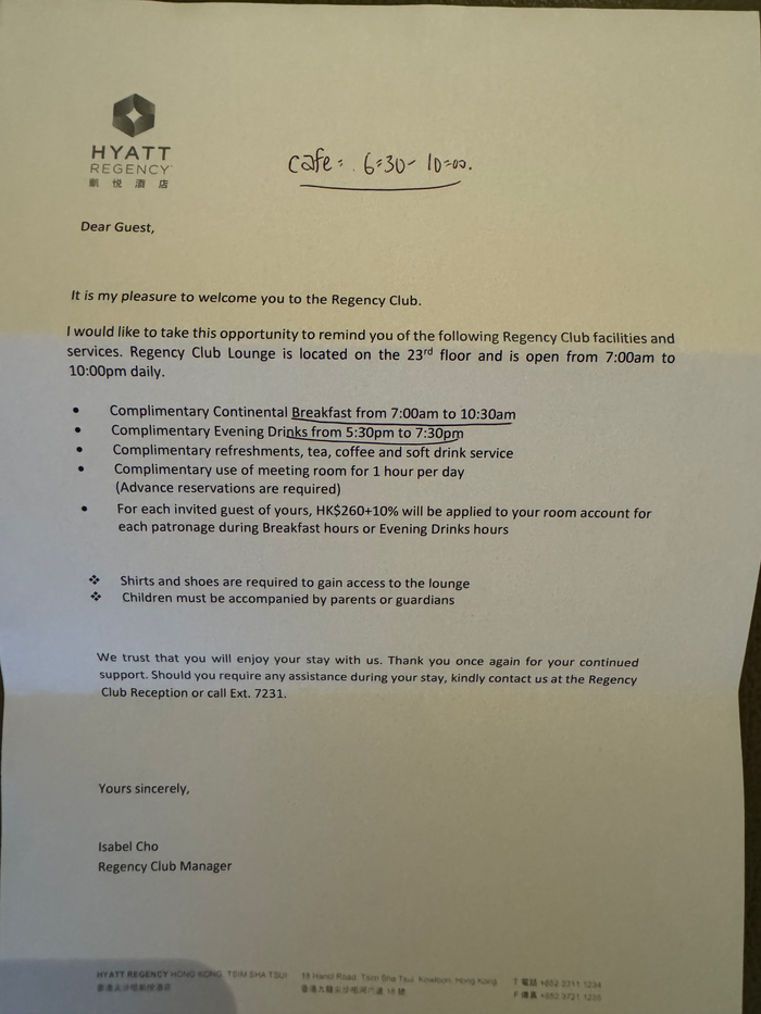 Hyatt Regency Hong Kong Tsim Sha Tsui welcome letter Hyatt Regency Hong Kong Tsim Sha Tsui welcome letter