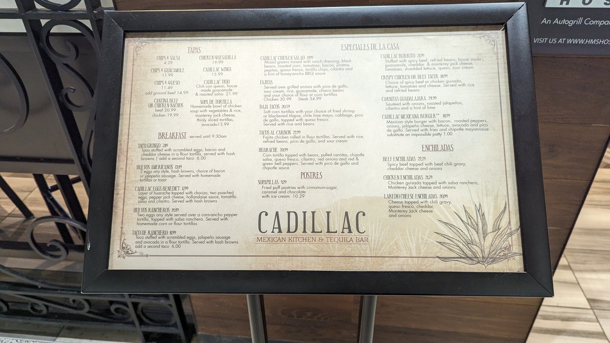 IAH to LAS Terminal A Priority Pass restaurant Cadillac Bar menu