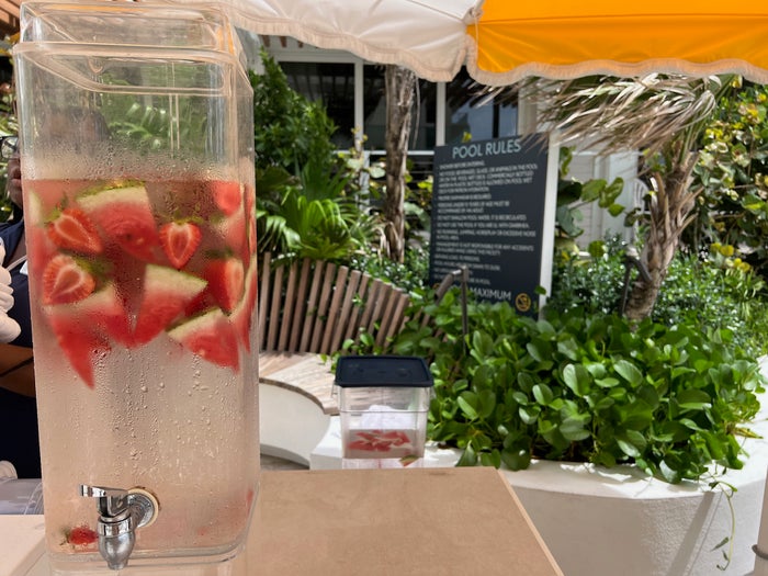 Watermelon water by the pool at the Newport Beachside hotel in Miami Watermelon water by the pool at the Newport Beachside hotel in Miami