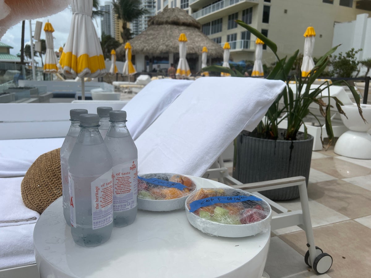 Water and fruit by the pool at the Newport Beachside hotel in Miami 