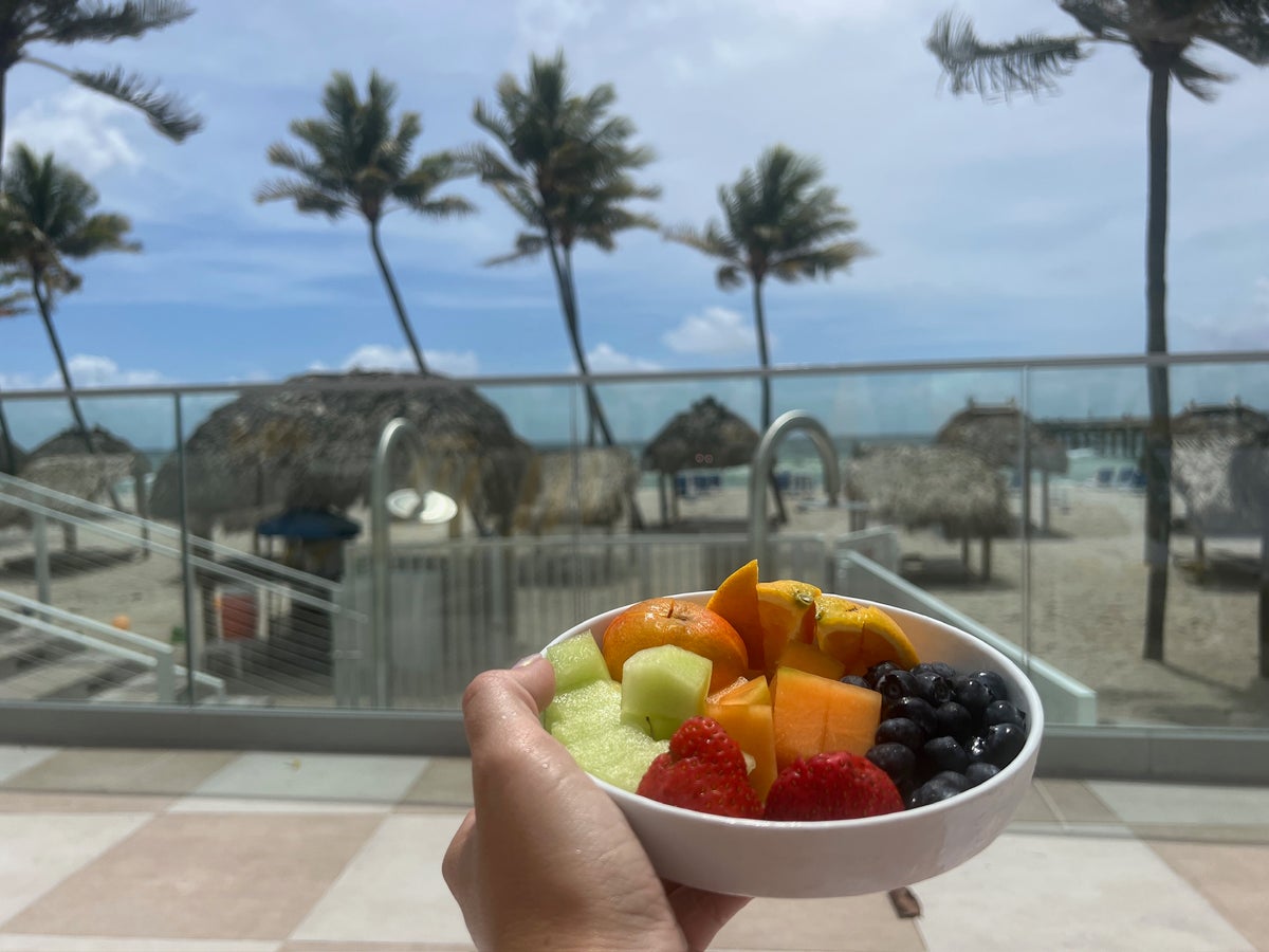 Water and fruit by the pool at the Newport Beachside hotel in Miami 