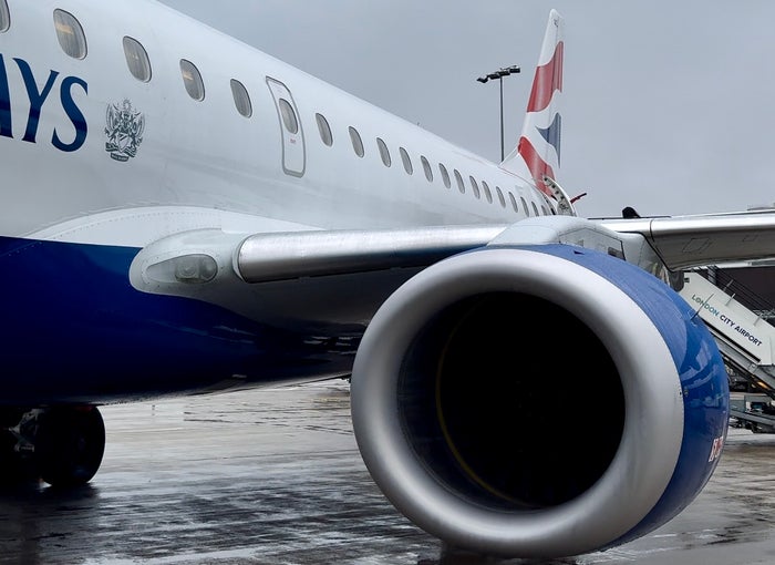London City Airport BA Embraer E190 close up London City Airport BA Embraer E190 close up