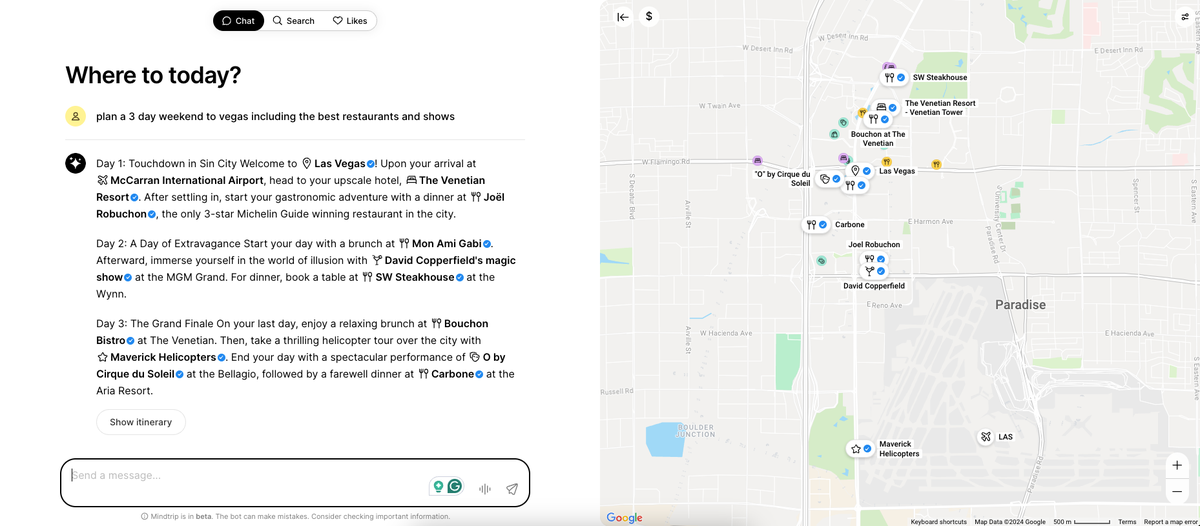 Mindtrip example itinerary for Las Vegas