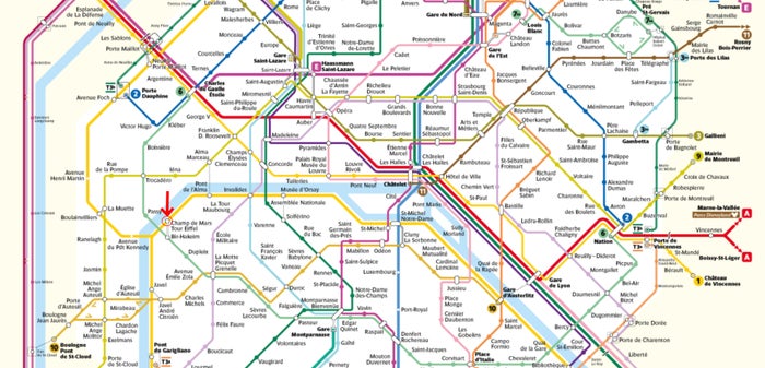 Paris Metro map with Eiffel Tower highlighted Paris Metro map with Eiffel Tower highlighted