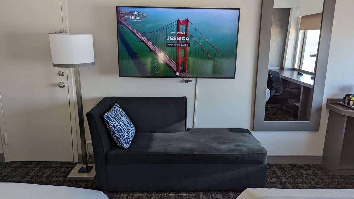 San Francisco Hilton Financial District guestroom TV mirror and lounger