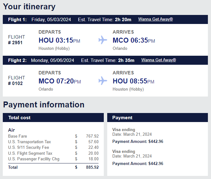 Southwest Airlines MCO HOU booking