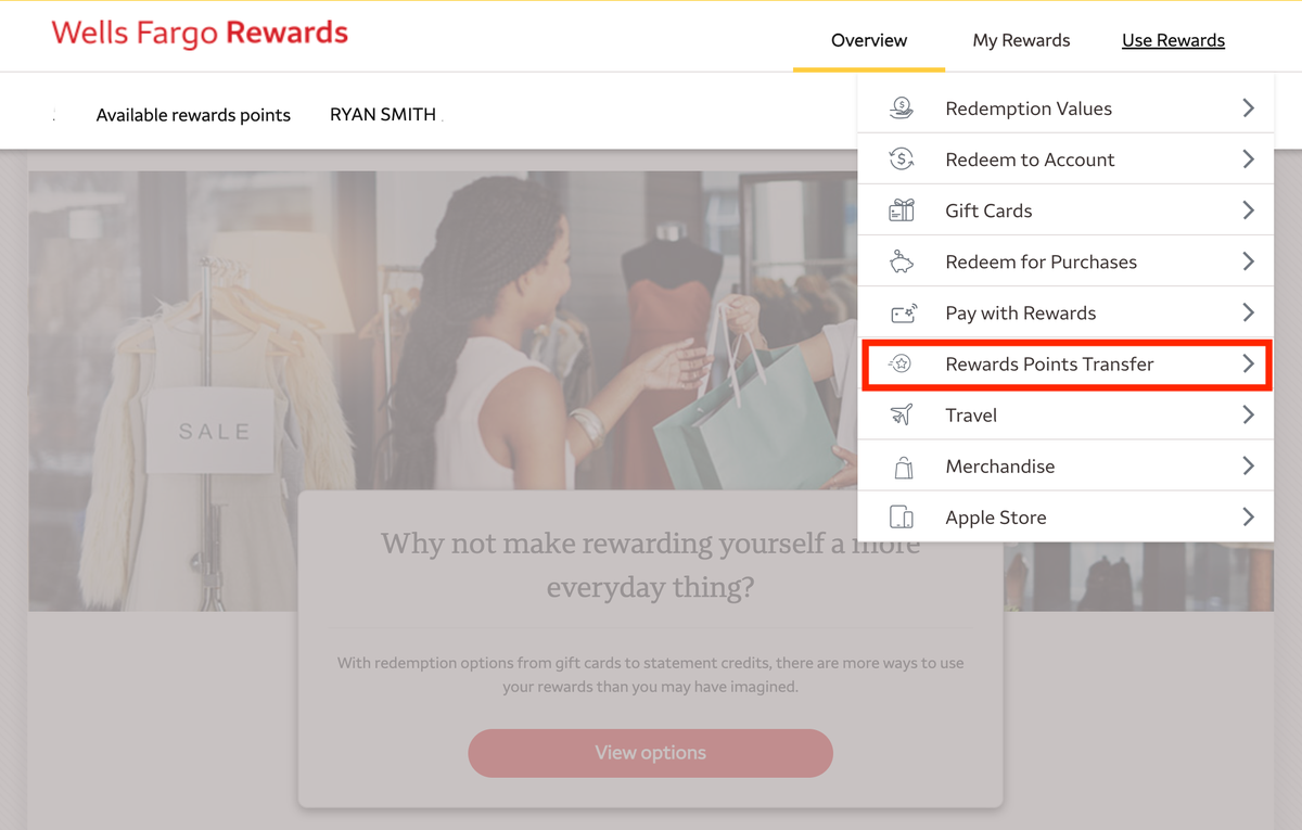 Wells Fargo Go Far Rewards redemption options with points transfer highlighted