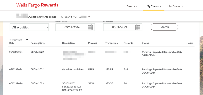 Wells Fargo Rewards Activity
