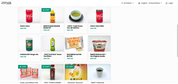 Zipair LAX NRT inflight drink options