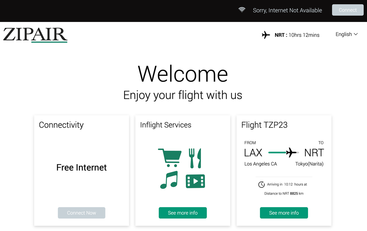 Zipair LAX NRT inflight entertainment home page