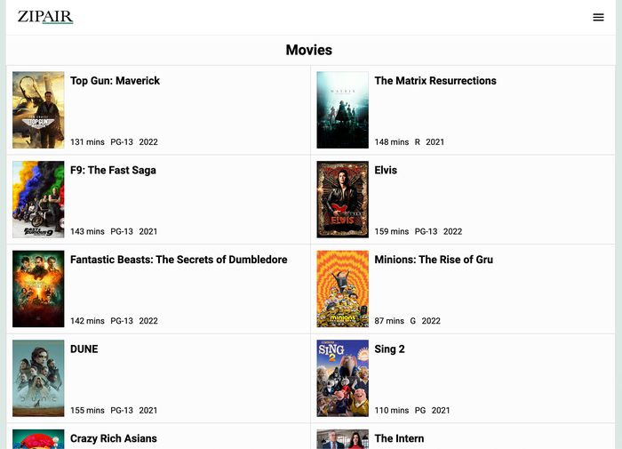 Zipair LAX NRT movie options