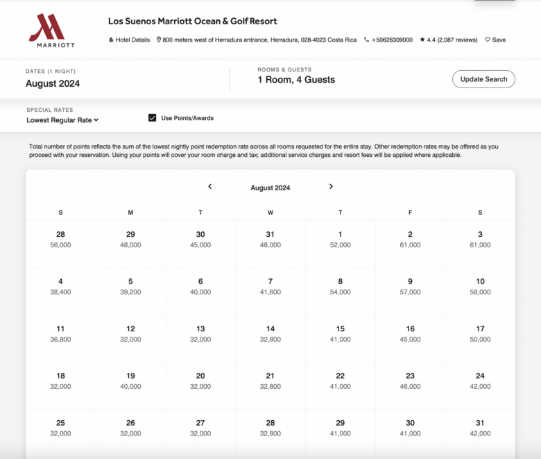 Los Suenos Marriott Costa Rica award rates