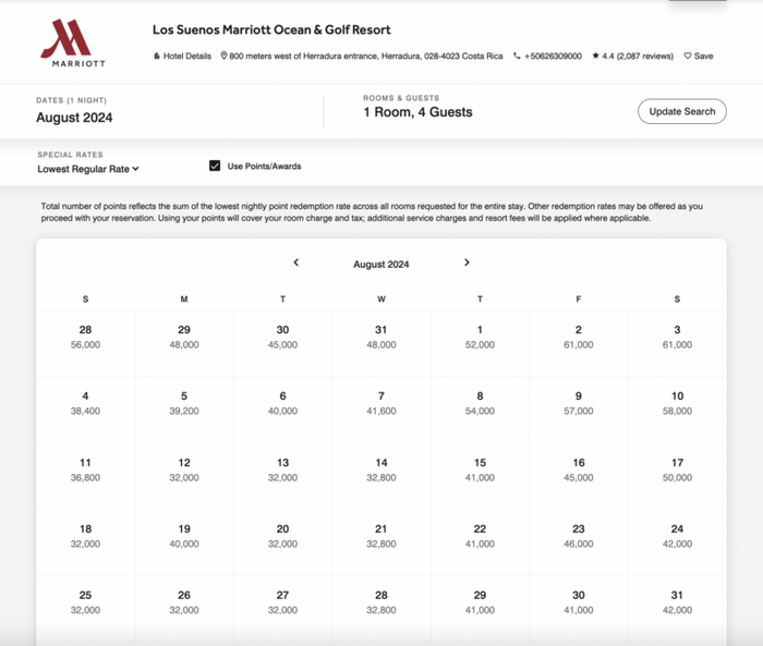 Los Suenos Marriott Costa Rica award rates