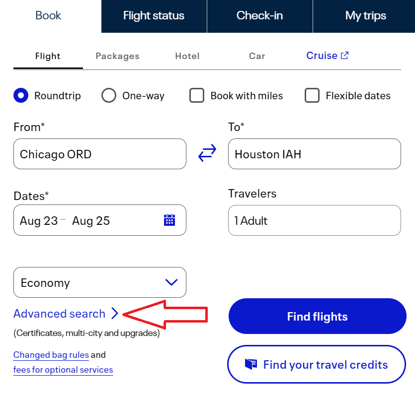 united airlines homepage advanced search