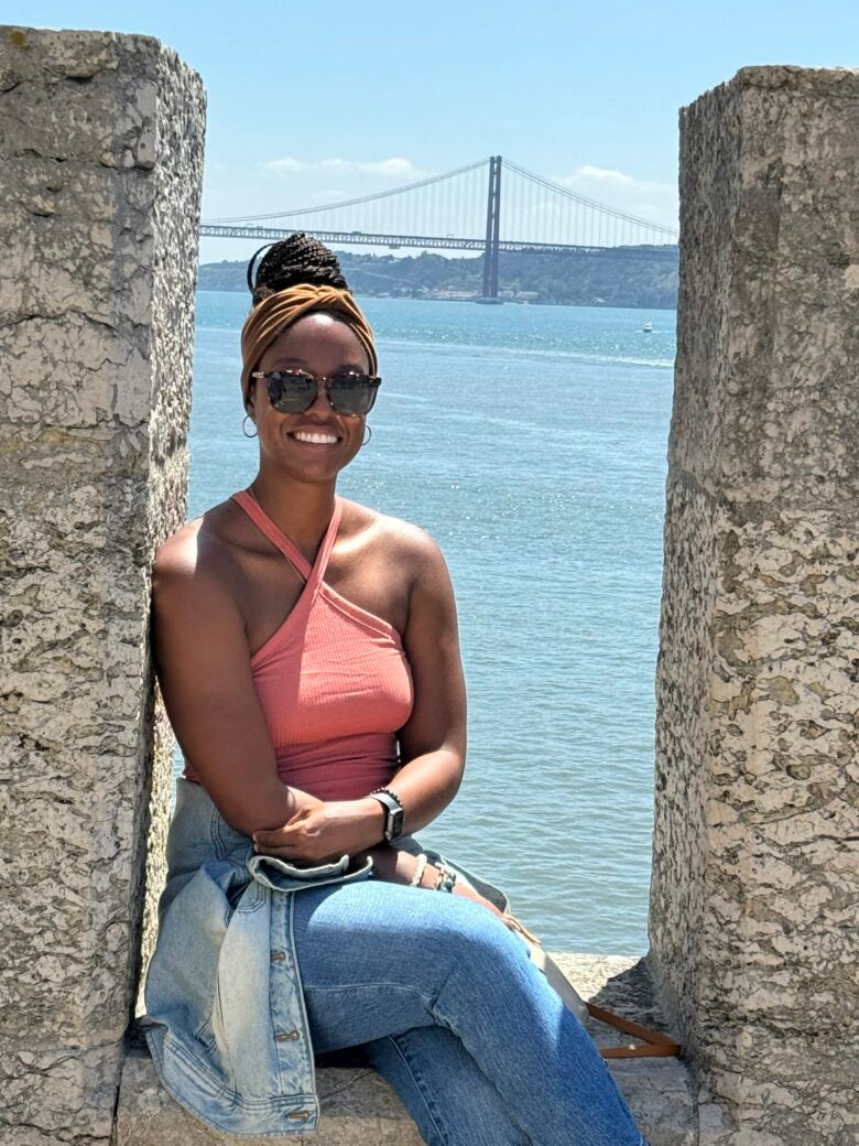 Ashley Onadele visited Europe in 2024, including Belem Tower in Lisbon, Portugal.