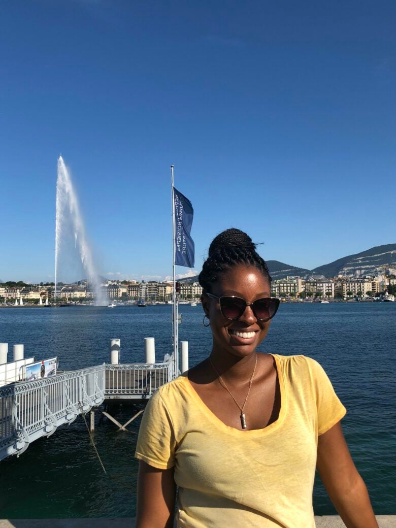 A proponent of family travel, Ashley is seen here pregnant with her daughter in 2019 at Lake Geneva, Switzerland.