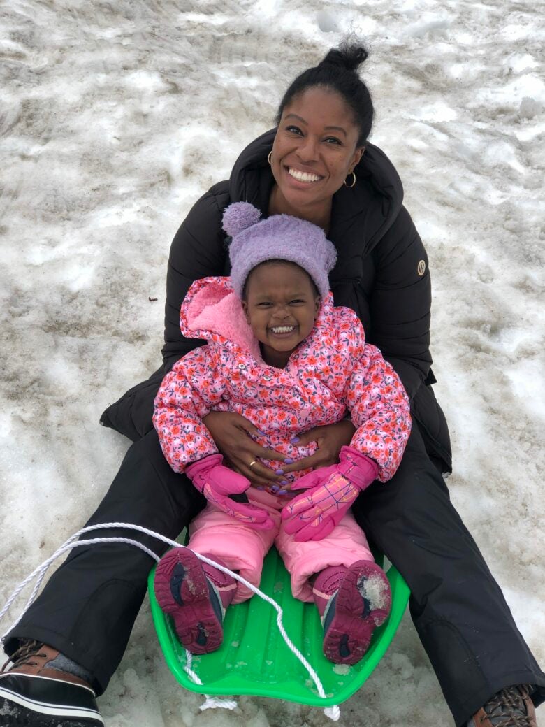 Not all adventures take Ashley far from home. Here she is taking her daughter to the snow close to home in California.