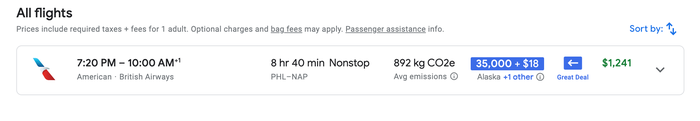 AA Google Flights PHL NAP Premium Y Economy Fare AA Google Flights PHL NAP Premium Y Economy Fare