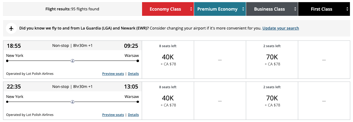 Aeroplan award JFK WAW 70k business