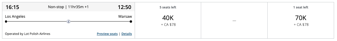 Aeroplan award LAX WAW 70k points business