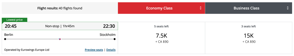 Aeroplan redemption on Eurowings BER ARN