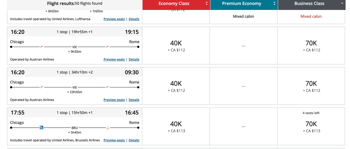 Award Seats Chicago to Rome using Aeroplan points