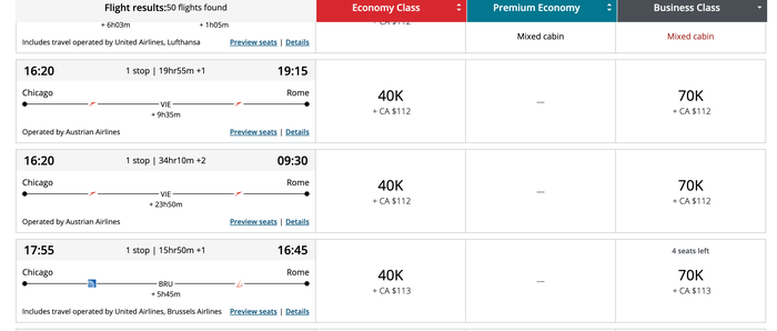 Award Seats Chicago to Rome using Aeroplan points