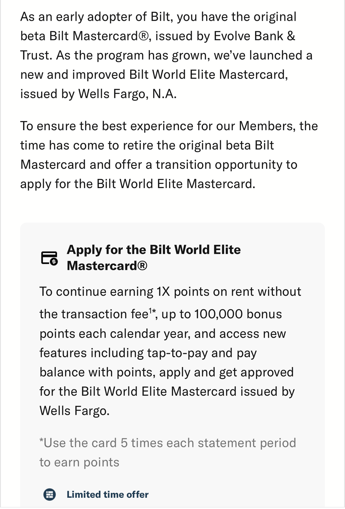 Bilt app message about legay Evolve card