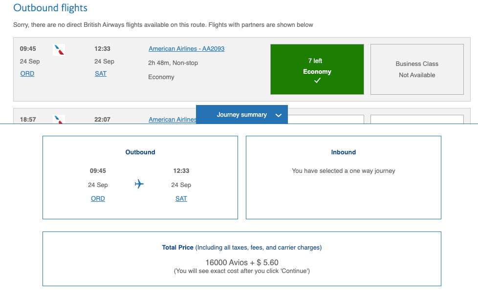 British Airways Avios redemption AA flight ORD SAT