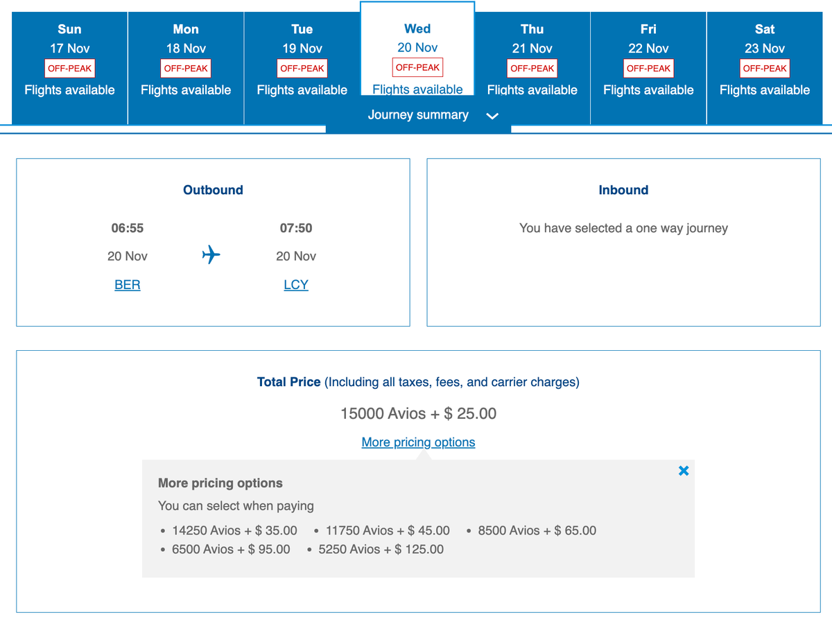 British Airways Avios redemption BER LCY with new fees business class