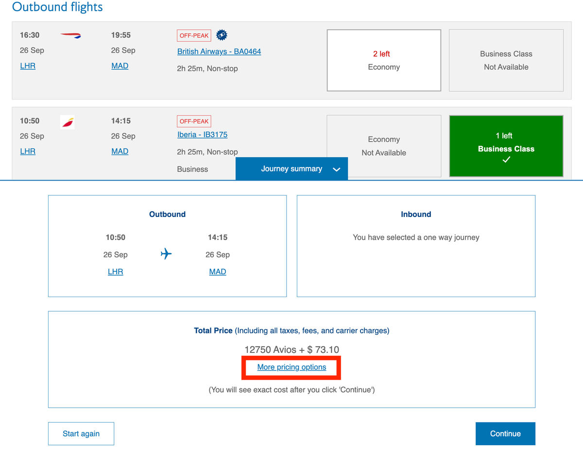 British Avios redemption options LHR MAD