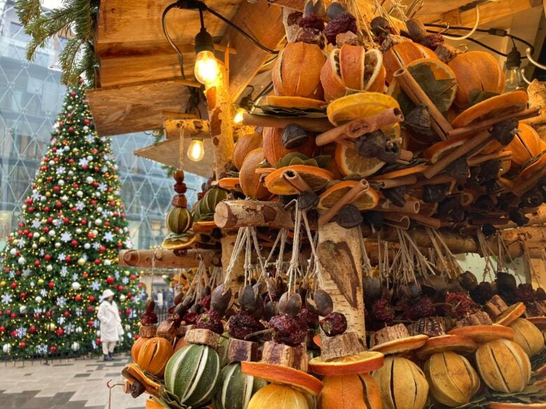 Dried fruit garland at a Christmas market in Budapest, Hungary.