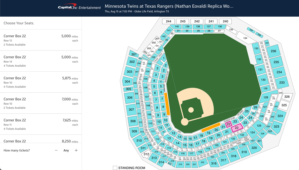 Capital One miles MLB tickets Rangers stadium