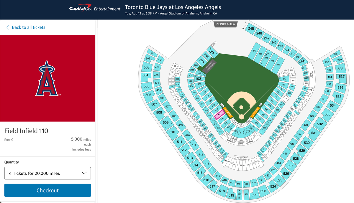 Capital One miles for 4x Angels infield tickets