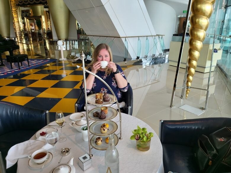 You can’t just waltz up to the Burj Alarab like most hotels, so my stepmom and I made reservations for an especially fancy tea to check it out!