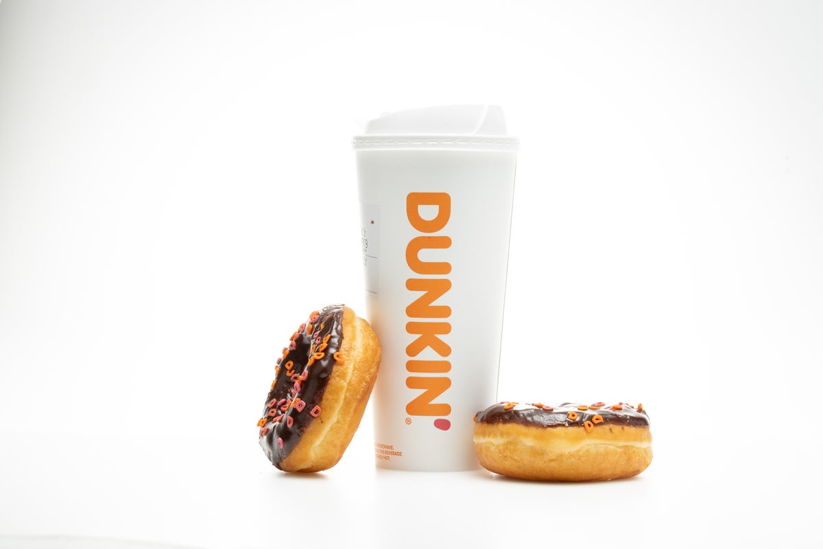 Dunkin coffee cup and donuts