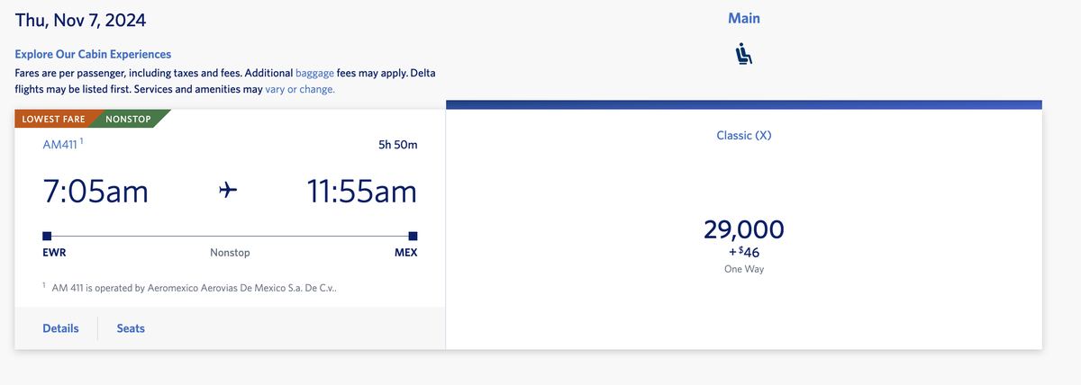 EWR MEX award redemption on Delta site