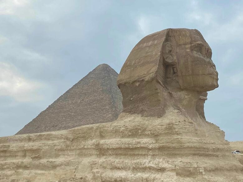 The Great Sphinx of Giza and Great Pyramid of Giza in Egypt.