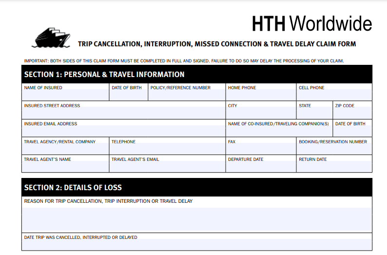 HTH Travel Insurance claim form