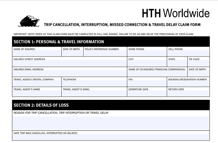 HTH Travel Insurance claim form HTH Travel Insurance claim form